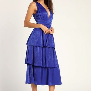 LuLus Peak Party Vibe Cobalt Blue Satin Tiered Tie-Back Midi Dress